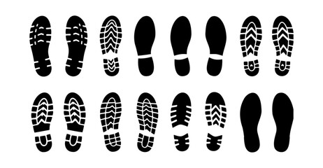 Diverse black shoe print silhouettes on a white background showcase a variety of sole patterns, creating a graphic composition of footwear impressions and unique textured footprints