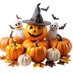 Halloween Pumpkins, Jack-o'-Lanterns, Ghosts, and Bats Isolated on White Background
