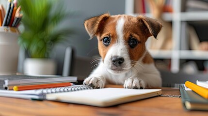A small brown and white Jack Russell Terrier puppy sits on a wooden table. The puppy looks curiously at a blank notebook surrounded by colorful stationery.