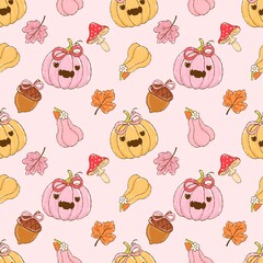 Cute Fall Harvest Pattern Featuring Whimsical Pumpkins and Woodland Elements.
