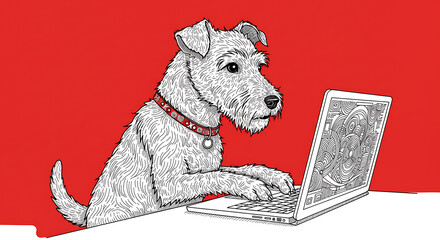 A detailed hand-drawn illustration of a terrier dog using a laptop computer. A conceptual image about pets, technology, and working online.