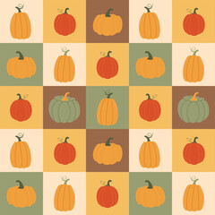 Autumn vector background with different pumpkins. Hand drawn cute pumpkins in colorful squares. Trendy modern seamless pattern with autumn elements