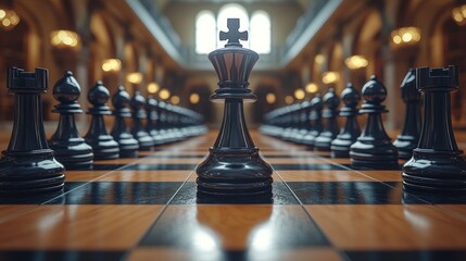Black king chess piece centered on a grand chessboard in a large hall