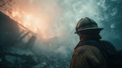 Fototapeta premium Low-angle heroic firefighter, debris falling behind in a soft blur