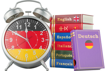 Naklejka premium German course, lessons concept. Books with alarm clock