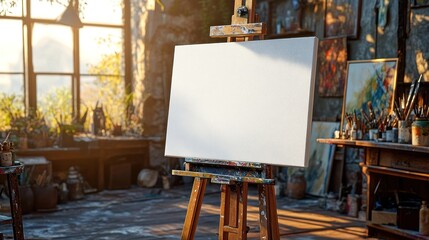 Blank canvas on easel in sunlit art studio