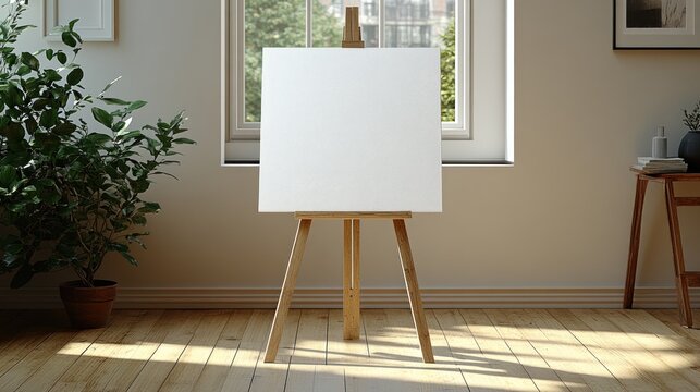 Blank canvas on easel in sunlit room - Powered by Adobe