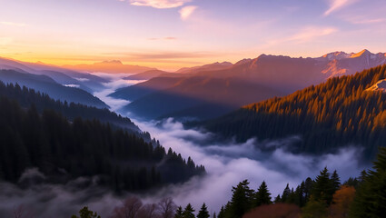 Fototapeta premium breathtaking sunrise over a misty mountain valley with pine tree forest