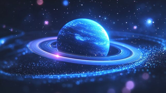 Blue planet with glowing rings