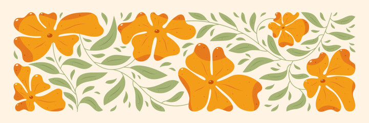 Groovy Y2K mural with wavy 70s yellow daisies and leaves. © Aleksandra Abramova