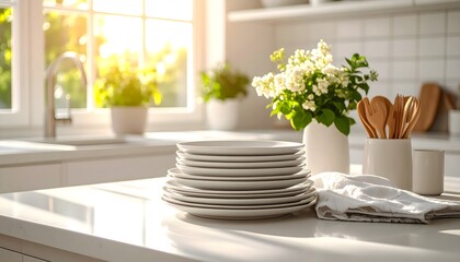 Minimalist kitchen with stacked white plates on clean countertop, fresh flowers and soft daylight. Neat and serene modern interior, styled with elegance and simplicity.