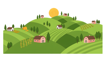 Green Farm Landscape with Rolling Hills and Barns Illustration