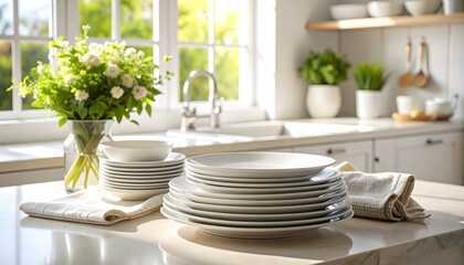 Minimalist kitchen with stacked white plates on clean countertop, fresh flowers and soft daylight. Neat and serene modern interior, styled with elegance and simplicity.