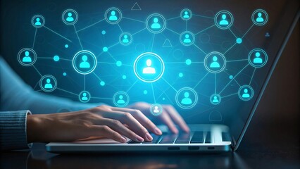 Person using laptop with glowing network connections