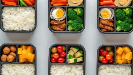 Healthy meal prep in metal containers featuring rice, vegetables, and protein, arranged neatly for convenient consumption.