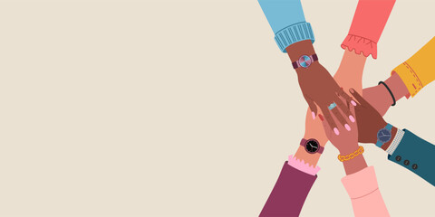 Different multiracial hands putting together. Concept of teamwork, togetherness, social movement, partnership. Hand drawn vector illustration isolated on light background.Modern flat cartoon style.