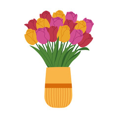 Bouquet of pink, yellow, red tulips in ceramic vase. Beautiful spring flowers, holiday present. Hand drawn vector illustration isolated on white background, modern flat cartoon style.