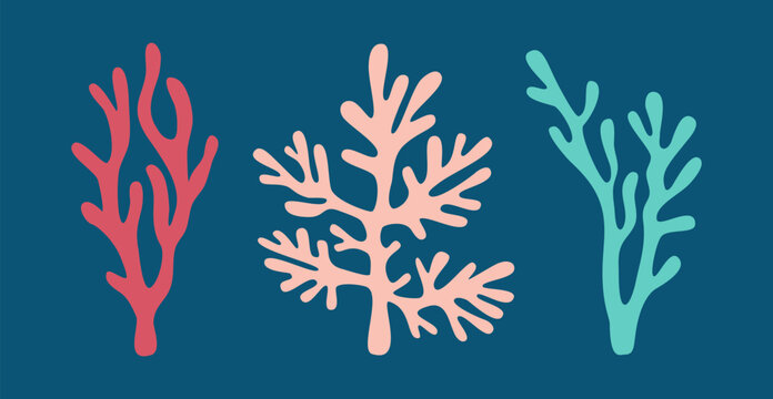 Set of corals of various abstract shapes. Underwater seaweed , ocean plants. Hand drawn vector illustration isolated on blue background, flat cartoon style.