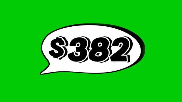 Animation $382 dollars price in a speech bubble on green screen.Perfect for sales, ads, or promo videos. Easy to use and customize in your projects video element