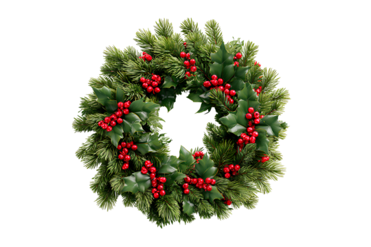 Lush Green Pine and Holly Hexagon Wreath Frame with Red Berries, Isolated on Transparent Background PNG