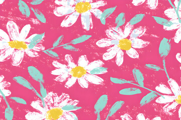 Seamless botanical pattern with white flowers and mint leaves on pink canvas