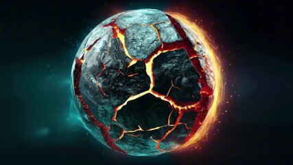 A cracked planet split between icy blue and fiery orange, illustrating the contrast of elements and the tension between opposing forces in a dramatic cosmic scene - Powered by Adobe