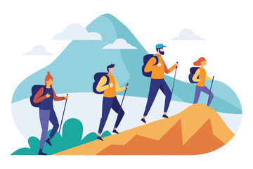 Fototapeta premium Group of Four Hikers with Backpacks and Hiking Poles Walking Up a Mountain Ridge