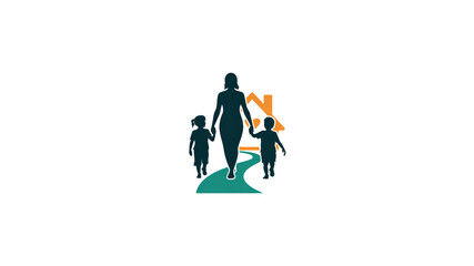 Family Walking Towards Home Silhouette Illustration of Mother and Children on a Path