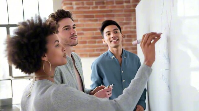A group of three young adults collaborating in a bright workspace, one woman with curly hair writes on a whiteboard while two men observe with interest - Powered by Adobe