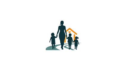 Family Walking Towards Home Silhouette Illustration of Mother and Children