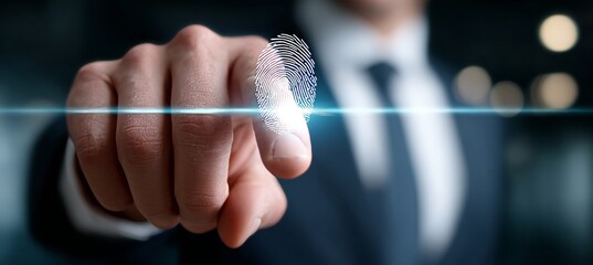 Businessman in Formal Suit Engaging with Innovative Touchscreen Technology and Fingerprint Scans