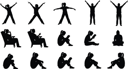 Silhouette, people, poses, reading, exercising, sitting, meditating, black and white, vector, lifestyle, posture, yoga, activities, fitness, shadow, routine, design, illustration, creativity, human