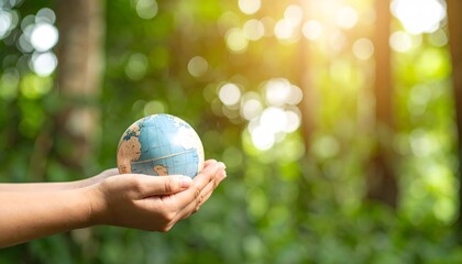 Hands gently holding a globe in lush green forest. Symbol of environmental awareness, earth care, sustainability, and global unity in nature.

