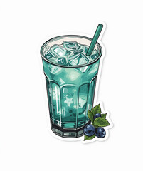 Hand-Drawn Illustration of a Refreshing Blueberry Cocktail with Ice and Straw