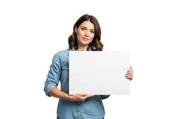 Fototapeta premium Woman holding a blank white sign, studio shot, confident expression.