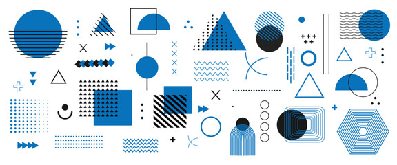 Memphis design elements . Abstract geometric Elements in Memphis background, collection trendy halftone geometric shapes, retro graphic, 90s trends designs.