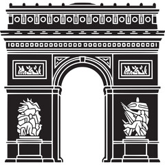 Black and white illustration of the arc de triomphe on transparent background