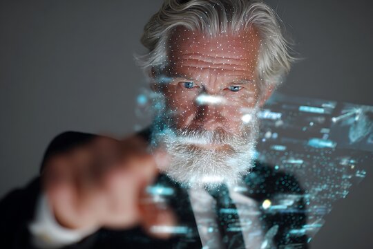 Visionary senior executive interacting with futuristic digital interface, exploring innovative technology and data analysis