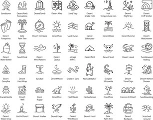 Desert Icons Vector Illustration: Sand, Camel, Oasis, and More.