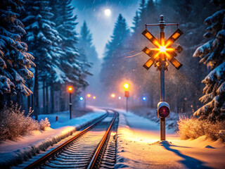 Railroad tracks through a snowy forest at night with signal lights glowing