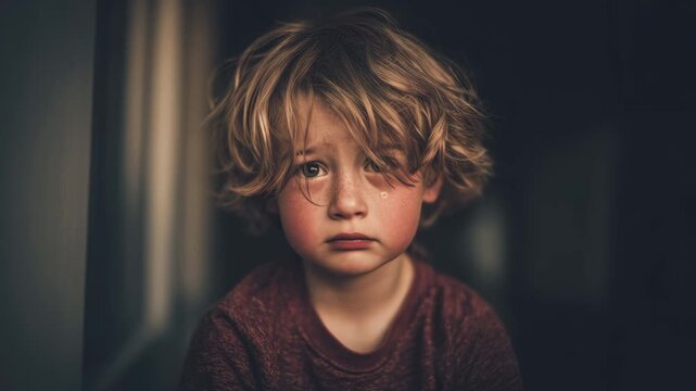 Little boy cries at home. Upset and scared child left without parents. Orphan in shelter needs new loving family. Small sad depressed kid. Childhood. Naughty spoiled capricious baby punished.