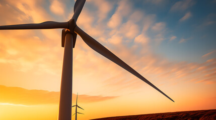 Low-Angle View of Wind Turbine at Golden Hour with Warm Sky, Onshore Wind Farm, Wind Energy, Sustainable Energy