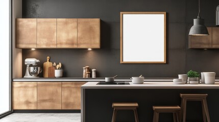 Modern Kitchen Interior with Elegant Wooden Cabinets, Island, Stools, and Stylish Lighting Fixtures