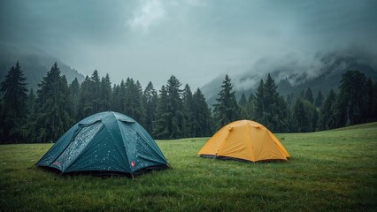 Downpour occurring in the hills with two camping tents pitched on a field.