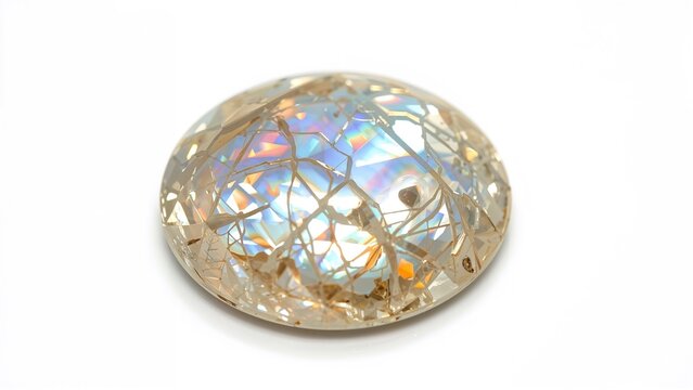 Extreme close-up image showcasing a nacre gemstone cabochon with iridescent hues on white