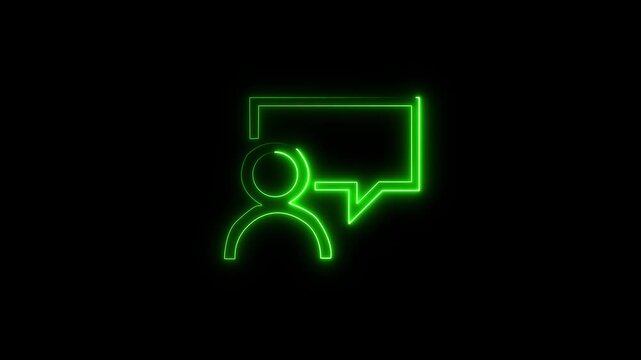 Neon-themed glowing speech bubble in purple and orange hues, set against a dark background with elegant lighting accents on bule 4k video.