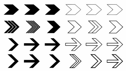 Illustration of various arrow designs in black and white showing different styles and orientations pointing right | editable eps vectors silhouette