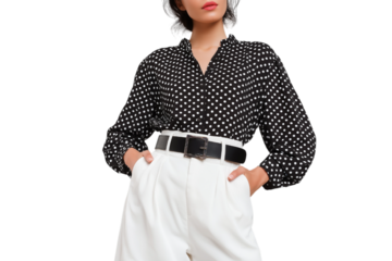 woman poses confidently in stylish fashion isolated on white background