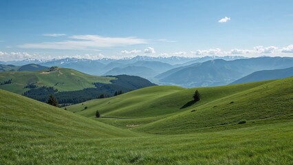 Naklejka premium Vibrant Rolling Hills Stretching Towards Faraway Peaks