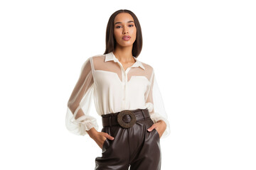  stylish young woman in chic blouse and leather pants isolated on white background